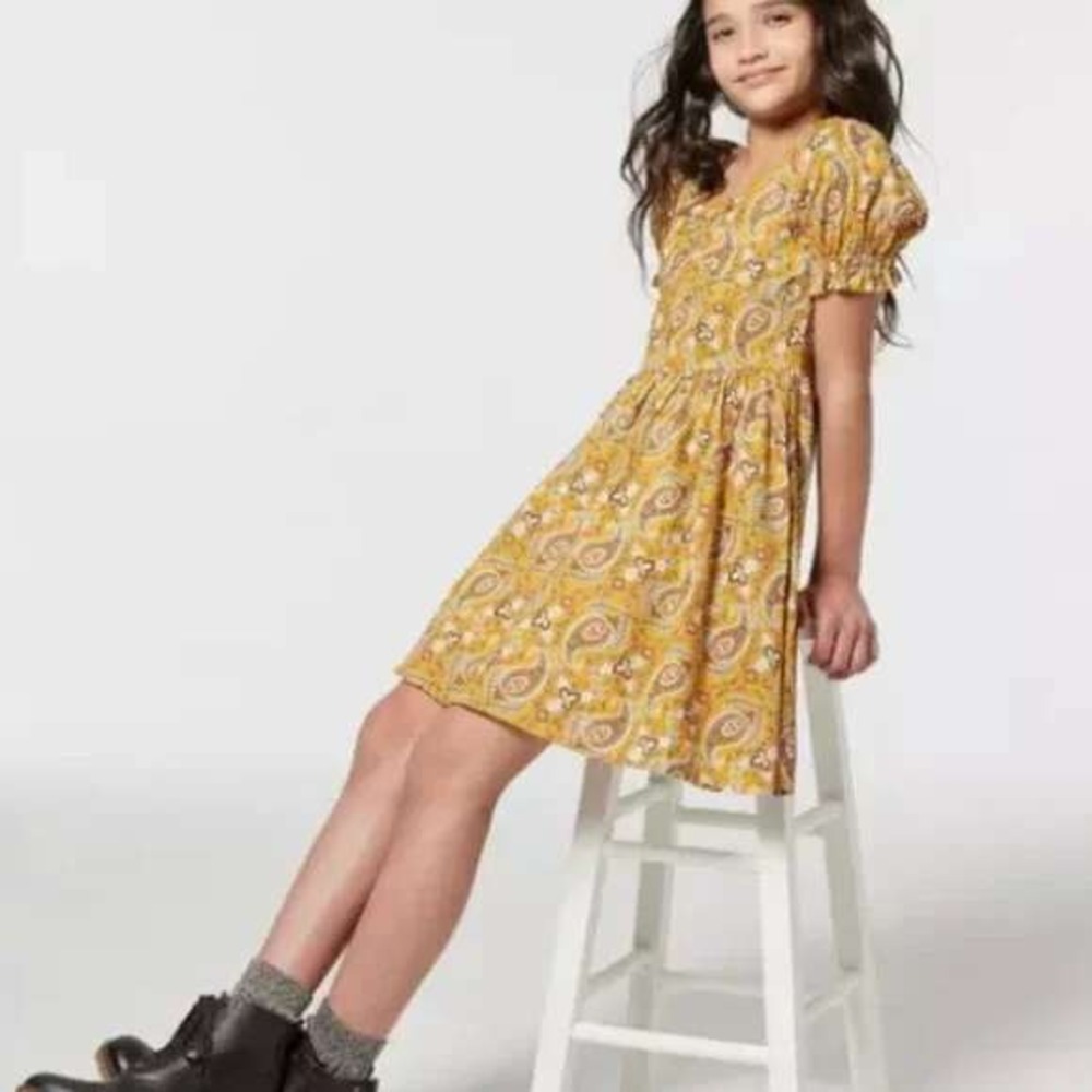 Janie and Jack Kids Girls Mustard Yellow Paisley Cotton Puff Sleeve Dress Size 8